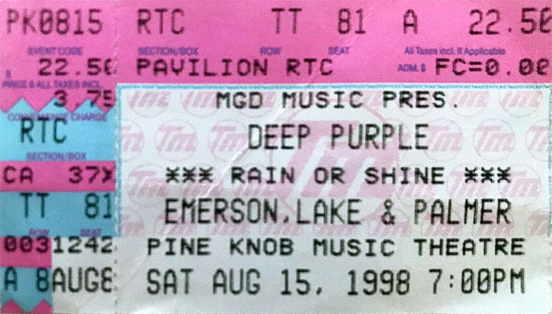 Ticket for Dream Theater, ELP and Deep Purple show on August 15, 1998. 